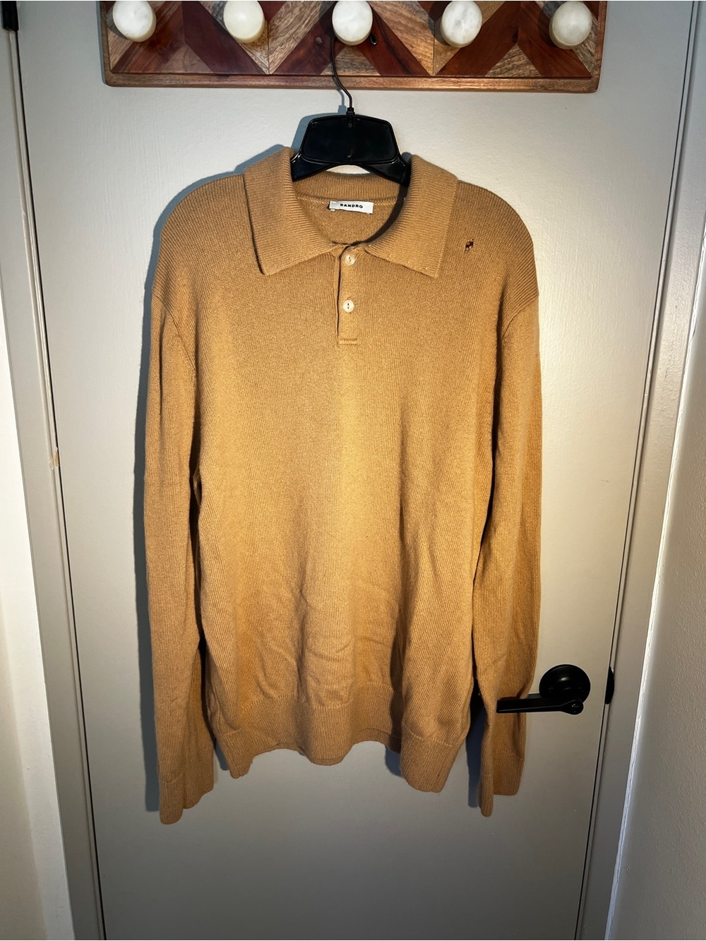 Sandro Men's cashmere wool blend Polo Sweater in Camel, size large
